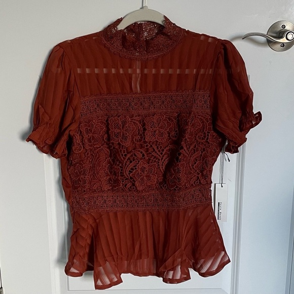 New! Haute Monde Rust Orange Sheer Lace High Neck Peplum Blouse Top 35162 - Picture 2 of 15